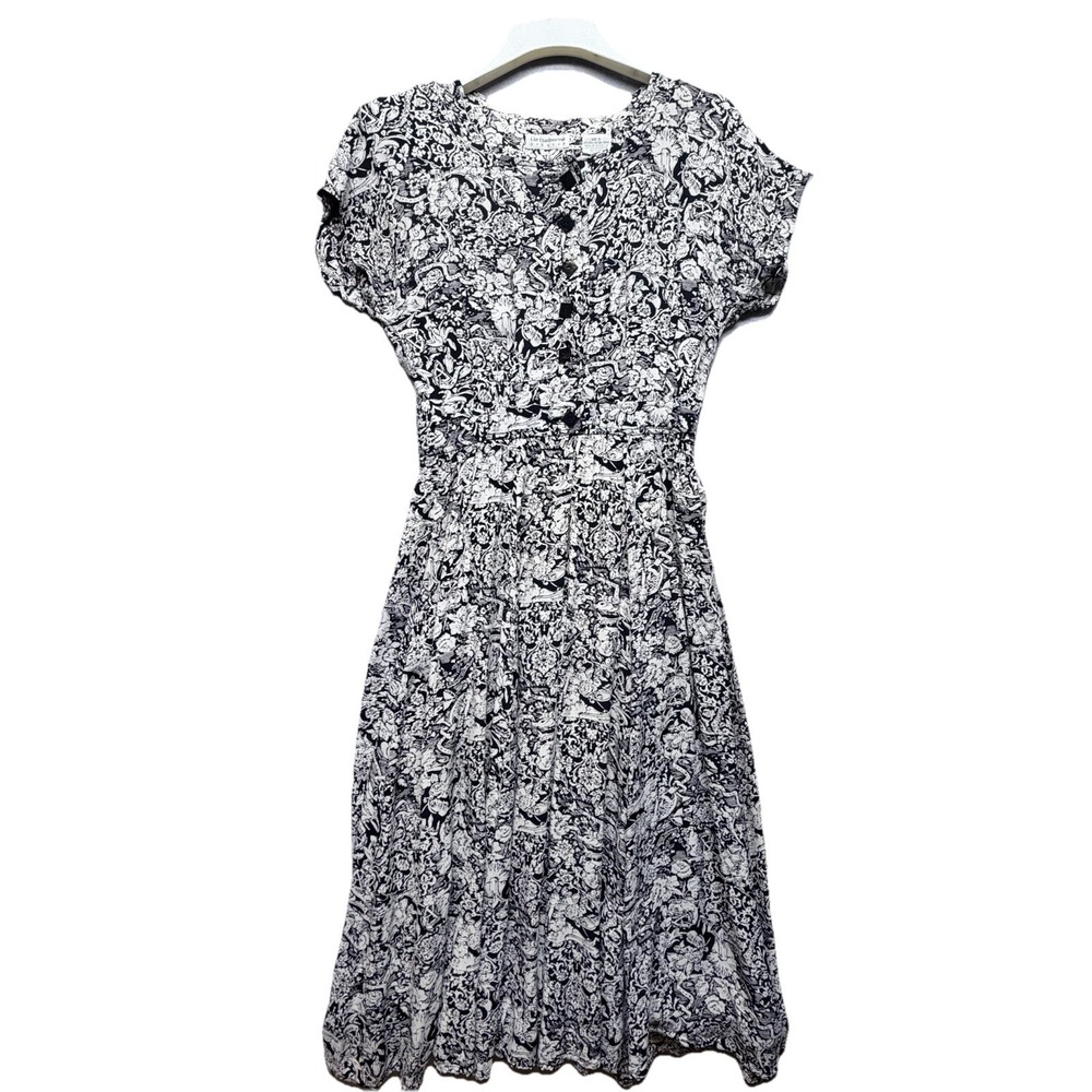 Liz Claiborne Dresses Womens Size‎ 4 Black White Floral Midi Dress Vintage